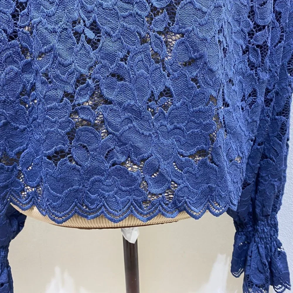 Free People Navy Blue Olivia Balloon Sleeve Lace Blouse Size Medium